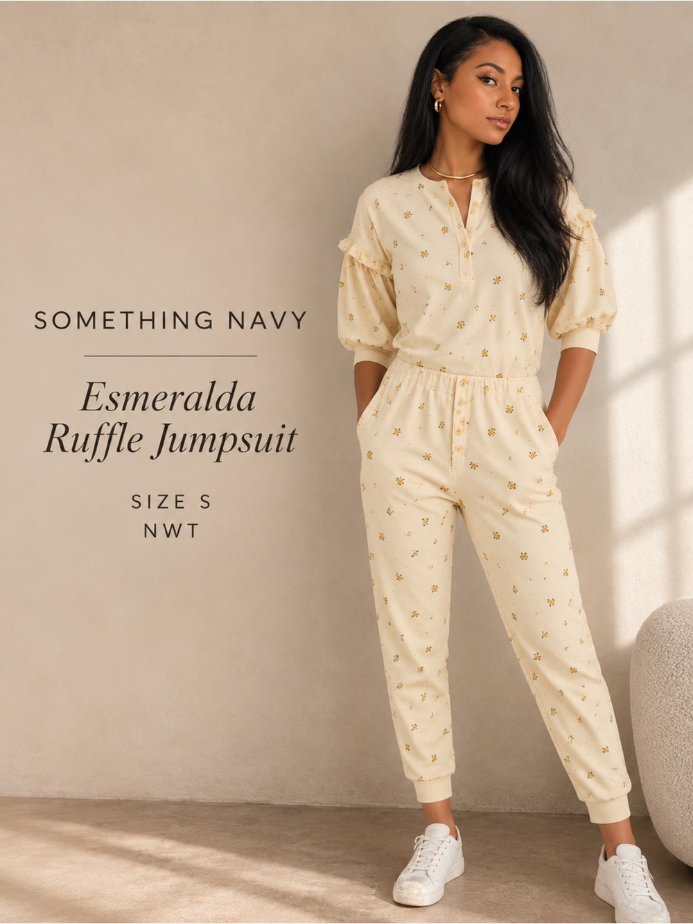 Something Navy Esmeralda Ruffle Floral Jumpsuit Yellow Size S NWT